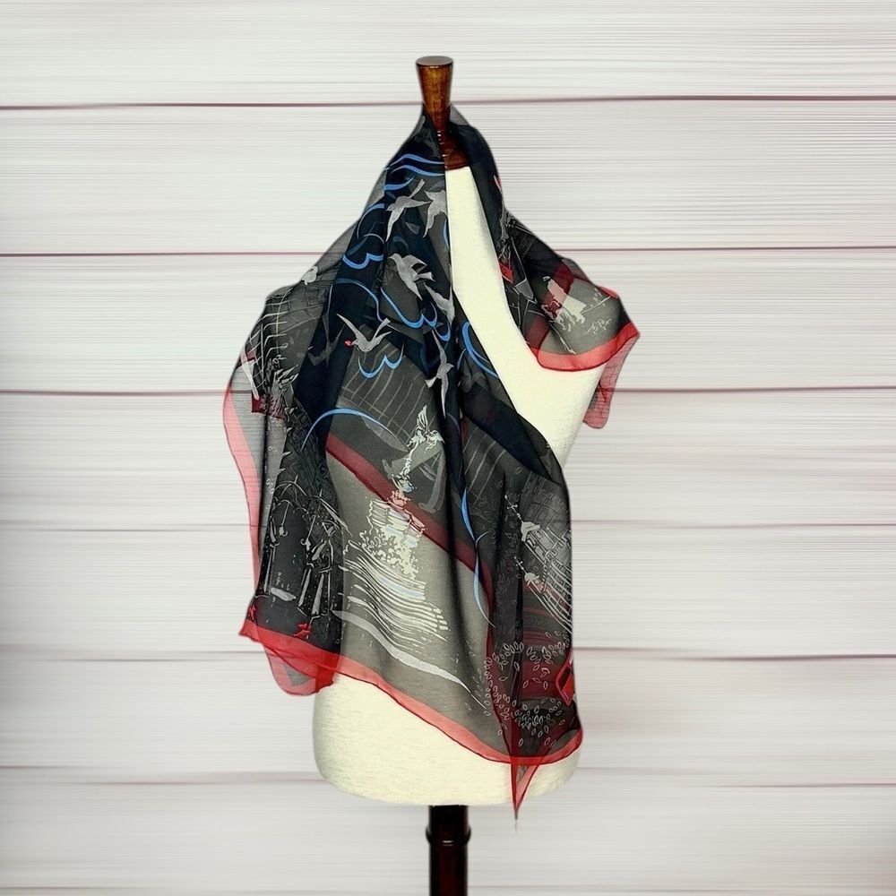 Lulu Guinness Silk Chiffon Scarf London Conture Themed Black Red Sheer 33x33" - Picture 4 of 15